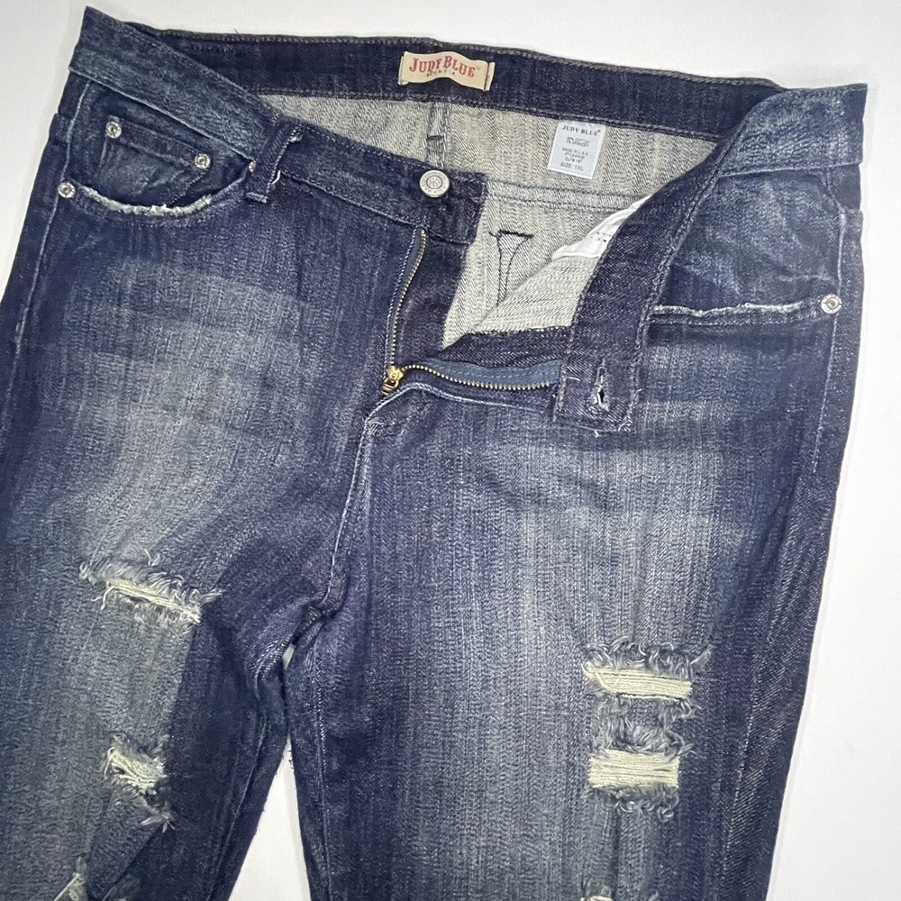 Judy Blue Jeans Women 1X Blue Denim Straight Medium Wash Distressed Destroyed